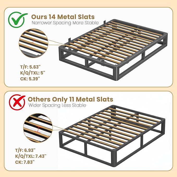 10 Inch Queen Bed Frame with Rounded Corner and Squeak Free U-Slot Design, Metal Platform Bed Frames 6 Non-Slip Mattress Grippers, 3500lbs Heavy Duty Steel Slat Support, No Box Spring Needed