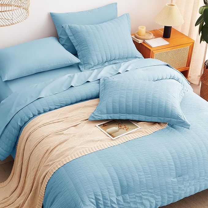 CozyLux Full Size Comforter Sets with Sheets 7 Pieces, Sky Blue Seersucker Bed in a Bag Textured Luxury Soft Bedding Set with Down Alternative Comforter, Sheets, Pillowcases & Shams for All Season