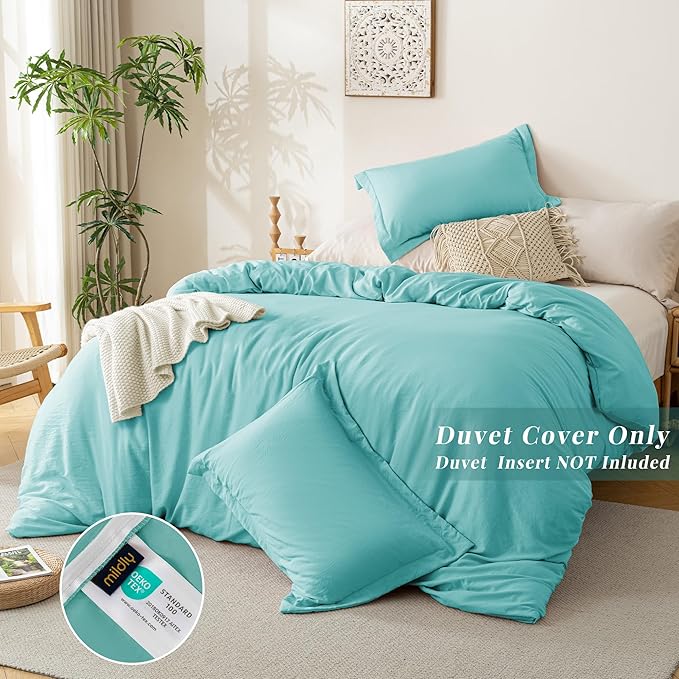 MILDLY Super Soft Duvet Cover - 100% Washed Microfiber Aqua Blue Comforter Cover Set 3 Pieces with Zipper Closure & Corner Ties (No Comforter)