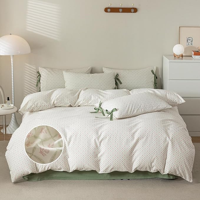 mixinni Red Floral Duvet Cover Set Twin XL Size - 100% Cotton Green Grid Bedding with Bow Ties, 3PC Cottagecore Comforter Cover (1 Duvet Cover + 2 Pillowcases) Vintage Garden Style Soft Aesthetic