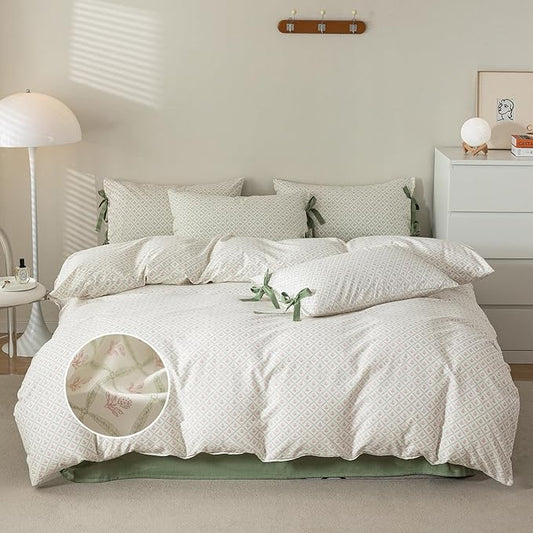 mixinni Red Floral Duvet Cover Set Twin XL Size - 100% Cotton Green Grid Bedding with Bow Ties, 3PC Cottagecore Comforter Cover (1 Duvet Cover + 2 Pillowcases) Vintage Garden Style Soft Aesthetic