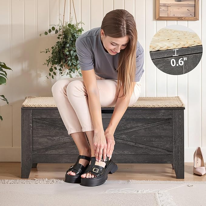 VECELO 43.3" Storage Chest with Lift Top Storage, Farmhouse Style Ottoman with Handwoven Wicker Cushion, Safety Hinges, Ideal for Entryway, Bedroom, Living Room, Coal Gray