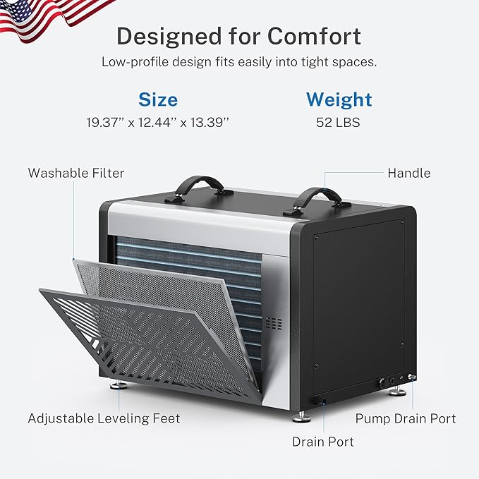 Yaufey 125 Pints Commercial Dehumidifier with Pump for 6500 Sq.Ft. Crawl Space, Basement, Industrial Area, 10-90% RH Humidity Control, 24/7 Running Continuous Drainage, TUV Certified, 5-Yr Coverage