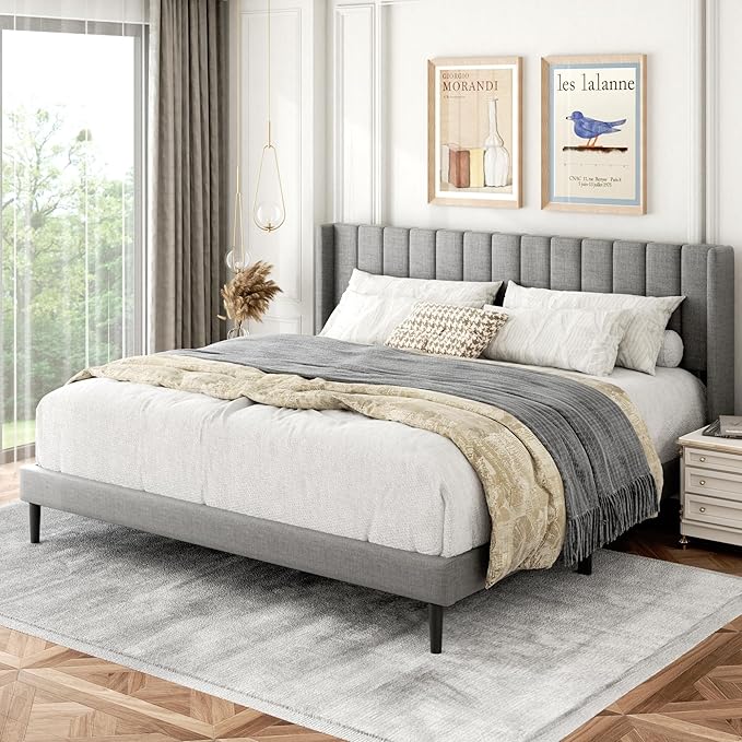 Gruwans King Size Bed Frame with Wingback Headboard, Upholstered Platform Bed, No Box Spring Needed, Sturdy Wooden Slat Support, Easy Assembly, Light Gray
