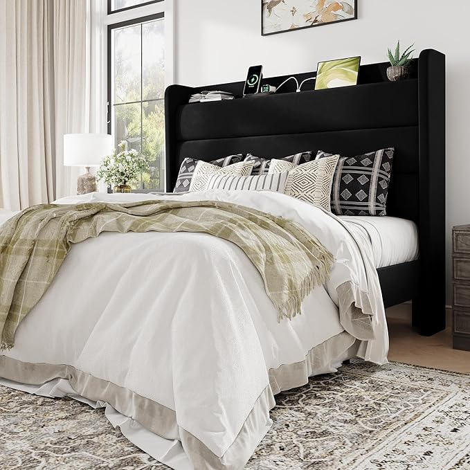 Allewie Full Size Upholstered Bed Frame with Charging Station & Storage Headboard, Soft Velvet Wingback Platform Bed, Strong Wooden Slats Support, No Box Spring Needed, Easy Assembly, Black