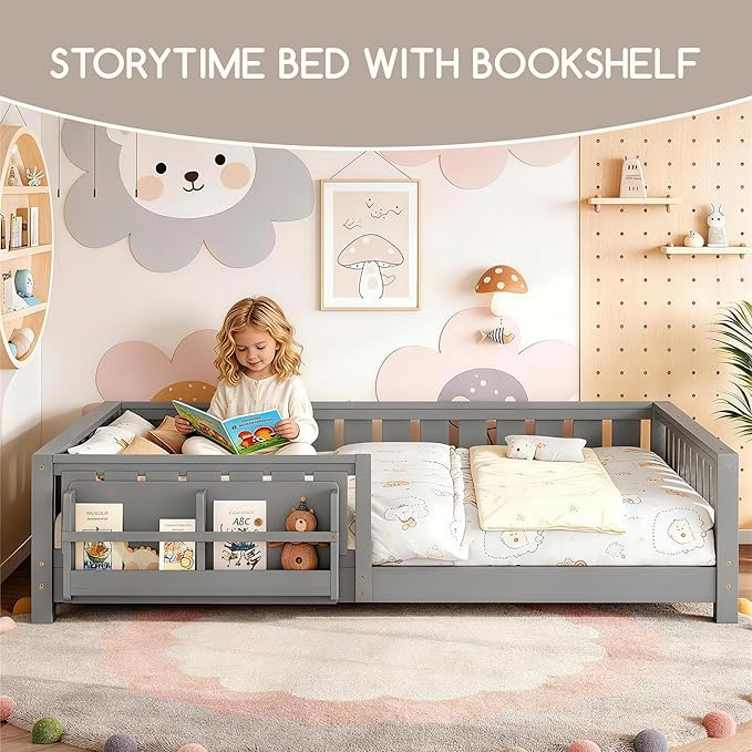 Bellemave Queen Floor Bed Frame with Fence & Bookshelf, Solid Pinewood Montessori Floor Bed Frame Queen with Slats Load 550LBS, Low Floor Bed for Kids, Bedroom, Nursery, Easy Assembly, Grey
