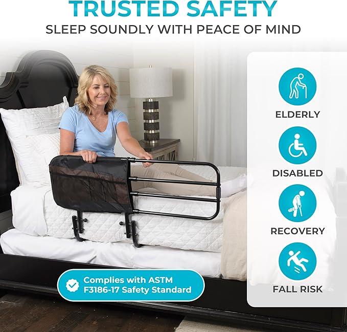 Stander EZ Adjust Bed Rail, Adjustable Senior Bedrail and Safety Assist Railing for Elderly Adults with Organizer Pouch, ASTM Safety Approved Guard-Rail, Black