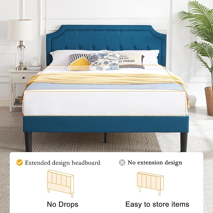 VECELO Queen Upholstered Platform Bed Frame with Adjustable Button Stitched Panel Headboard,Strong Wood Slat Support,Velcro Design,Mattress Foundation/Easy Assembly,Blue