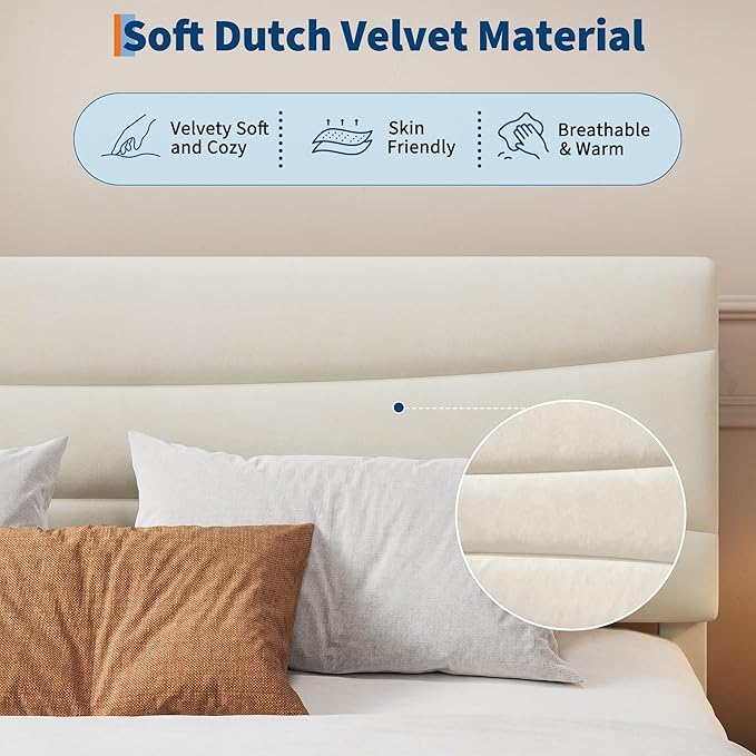 IDEALHOUSE Full Size Upholstered Platform Bed Frame with Ergonomic Headboard, Beige Soft Fabric, Heavy Duty Wooden Slats, Noise-Free, 6.3" Underbed Storage, No Box Spring Needed, Easy Assembly