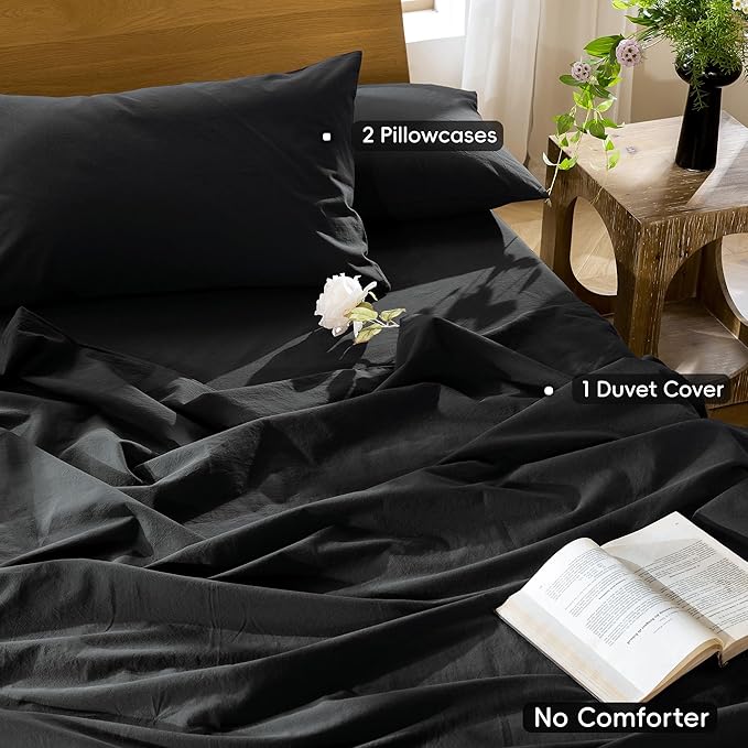 MooMee Bedding Duvet Cover Set 100% Washed Cotton Linen Like Textured Breathable Durable Soft Comfy (Solid Black, Oversized King Plus 128"x120")