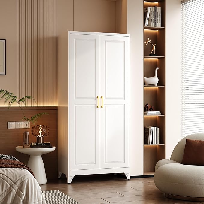 Polup Metal Armoire Wardrobe Closet with Doors and Shelves, 71" Tall Freestanding Wardrobe Cabinet for Hanging Clothes, Large Closet with Hanging Rod for Bedroom, Office, School, Employee, Gym, White