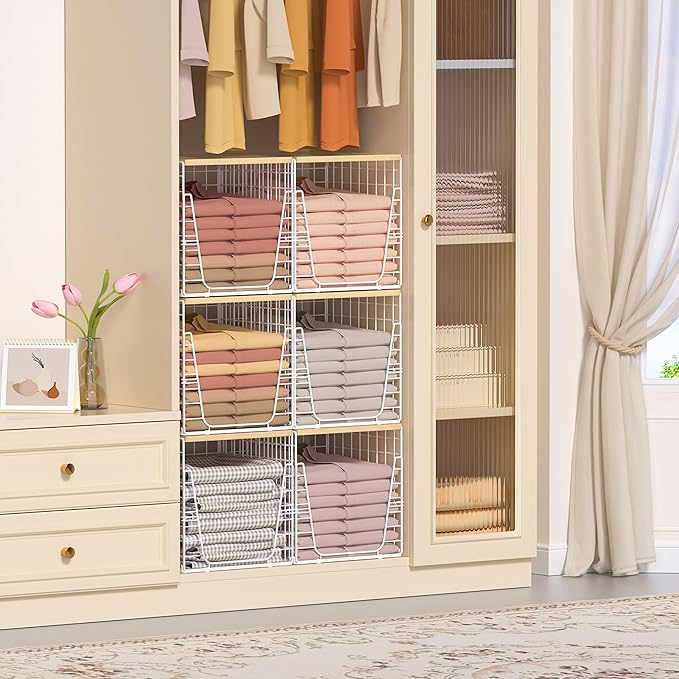 SWTYMIKI 3PCS Closet Organizers and Storage - Stackable Closet Basket with Wood Top Shelf, Clothes Storage Shelves, Clothes Drawer Bins for Wardrobe, Bedroom, Entryway, White