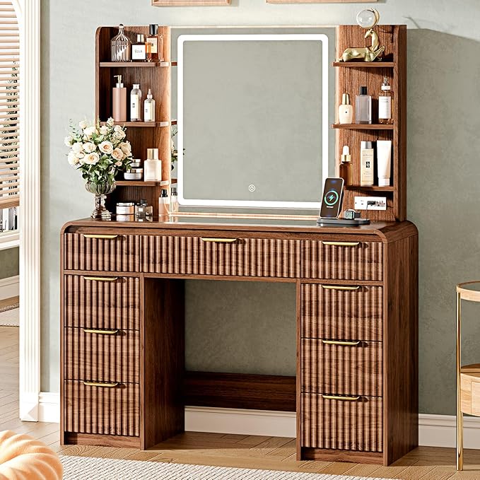 43" Makeup Vanity Desk with Mirror and Lights&Power Outl, 3 Adjustable Light Color,Glass Top Big Vanity Table with 9 Drawers & 6 Shelves,Girls Vanity for Bedroom, Tan