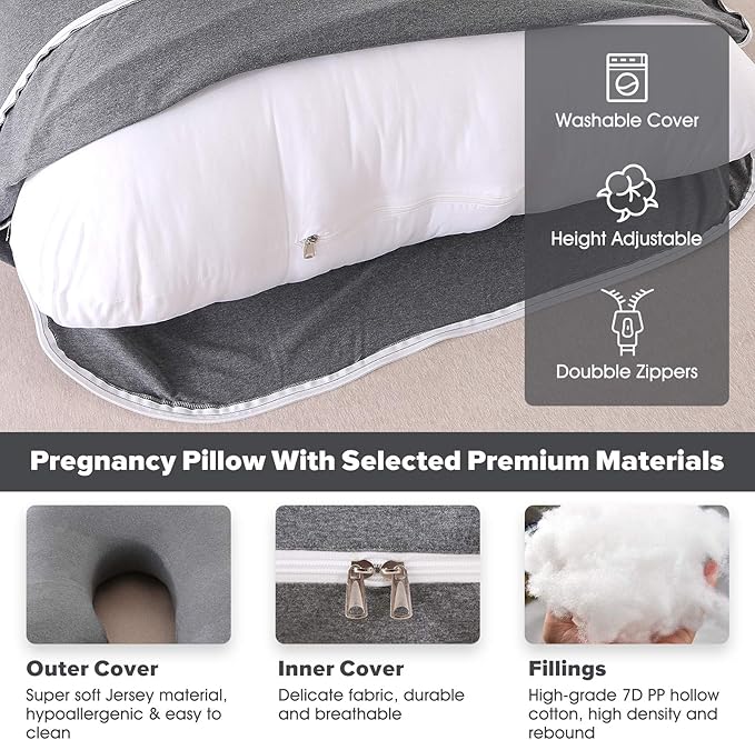U-Shaped Full Body Pregnancy Pillow for Sleeping – 57" Maternity Pillow with Removable Cover, Support for Back, Legs, Belly & Hips (Jersey-Dark Grey)