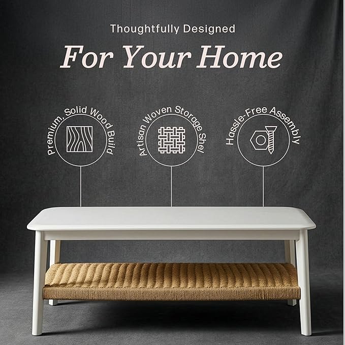 Alaterre Furniture Calais 48 Inch Rectangular Wood Coffee Table with Woven Storage Shelf – Mid Century Modern 2-Tier Living Room Table (White)