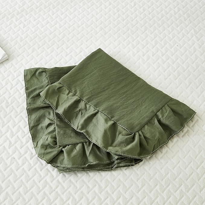 Olive Green Pillow Shams Dark Green Ruffle Queen Pillowcases Cute Pillow Cover Set of 2 Shabby Chic Soft Microfiber Pillowcases 2 Pack (Queen (20''x30''), Olive Green)