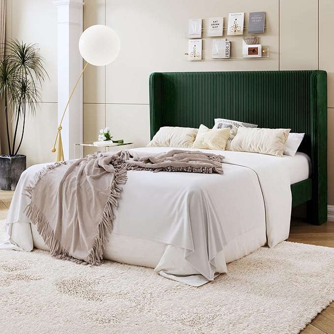 SHA CERLIN Queen Size Corduroy Upholstered Platform Bed Frame with Vertical Channel Tufted Wingback Headboard, 8" Under Bed Storage, Wooden Slats & Metal Frame Support, Easy Assembly, Dark Green