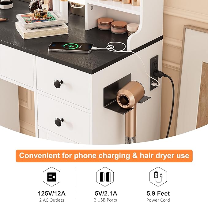 KAMABOKO Vanity Desk with LED Lights Mirror & Power Outlet, Makeup Vanity Table Set with 3 Lights Modes, Dressing Table for Women and Girls Bedroom (Modern Black, 5 Drawers with RGB Cabinet)