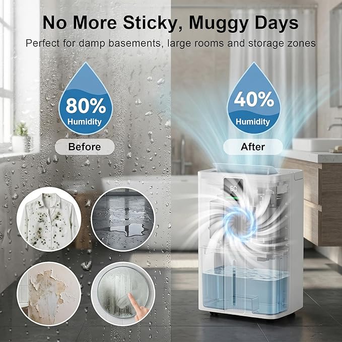 MEPTY 6000 Sq.Ft Dehumidifier,Max 100 Pint/Day Large Dehumidifier for Basement & Home with Drain Hose,Smart Humidity Control,24H Timer & Child Lock,3-Color Humidity Display Ideal for Bedroom,Bathroom