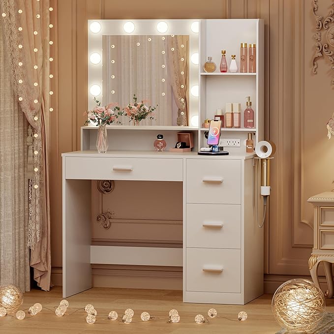 JUMMICO 39" Vanity Desk with Mirror & Power Outlet, 10 Lights, Makeup Vanity Table with 4 Large Drawers and 3 Storage Shelves, 3 Model Adjustable Lights for Bedroom & Dressing Room (White)