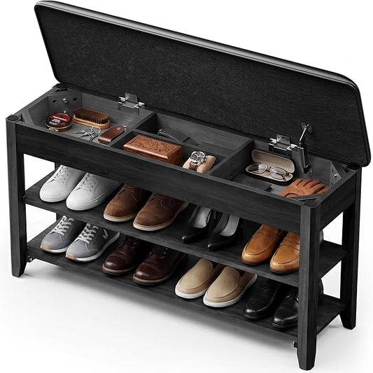 LBT Solid Wood Entryway Shoe Storage Bench, 31.5" Black, Adjustable Shelf, Flip-Top Hidden Compartment, Padded Leather Seat, 2-Tier Shoe Rack, Supports up to 550 lbs for Entryway, Mudroom, Closet