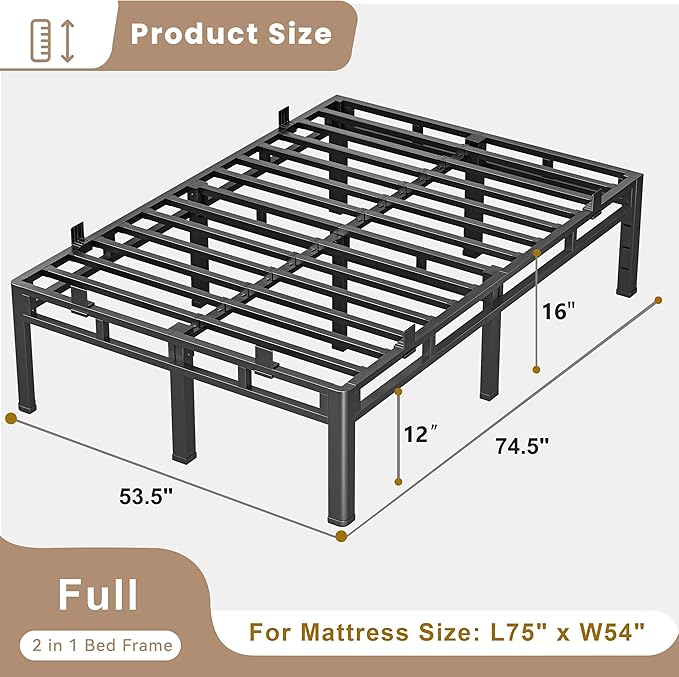 ROIL 16 Inch Full Size Bed Frame, Double Layer Metal Bed Frame with Round Corner Legs, 4000LBS Bed Frame & Box Spring 2 in 1 Platform with Headboard Holes Mattress Baffles, Noise-Free Easy Assembly