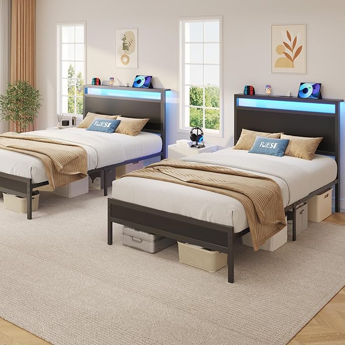 Fluest Twin Bed Frame with Headboard & Footboard, Twin Bed Frame with Charging Station & LED Light, Under-Bed-Storage, No Box Spring Needed, Noise Free, Easy Assembly, Classic Black