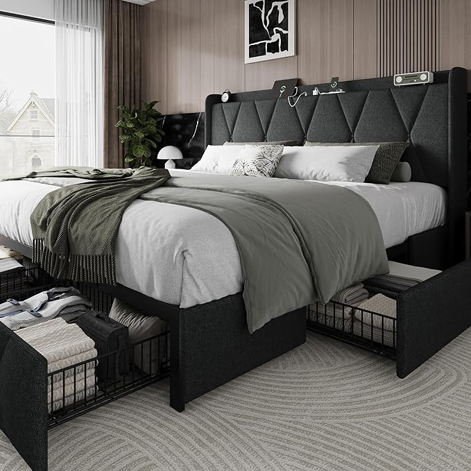 Einhomn King Size Bed Frame with 4 Storage Drawers and Charging Station, Upholstered Platform Bed Frame with Storage Headboard, No Box Spring Needed, Easy Assembly, Dark Grey