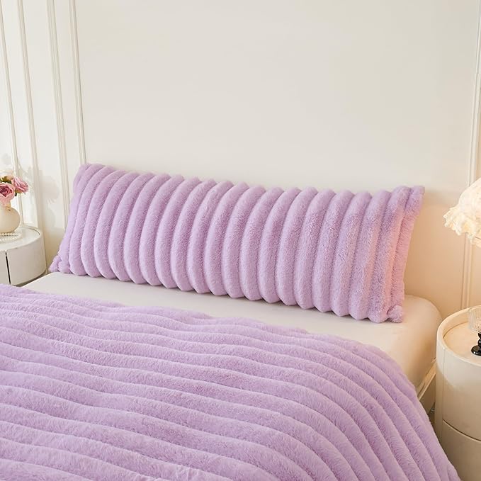 MEGO Fluffy Faux Rabbit Fur Body Pillow Cover, Comfy Plush Fuzzy Striped 20x54 Bedoom Body Pillowcase Light Purple, Shaggy Ribbed Long Bed Pillow Case with Zipper for Kids Girls Teens Adults, Lavender