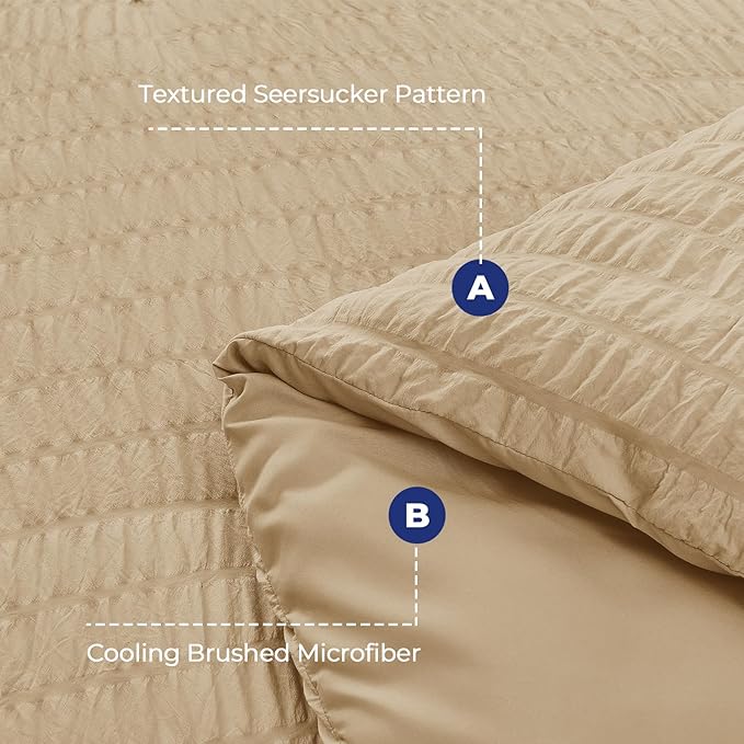 HYMOKEGE Khaki Duvet Cover Queen Size, Ultra Soft 3-Piece Seersucker Duvet Cover Set with Zipper Closure, Soft Brushed Microfiber Bedding Set with 8 Corner Ties (90"x90", 2 Pillowshams)