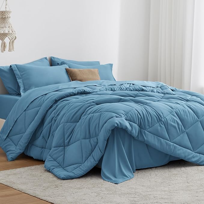 Love's cabin California King Comforter Set Misty Blue, 7 Pieces California King Bed in a Bag, All Season Bedding Sets with 1 Comforter, 1 Flat Sheet, 1 Fitted Sheet, 2 Pillowcase and 2 Pillow Sham | Soft, Breathable, Lightweight, Comfortable