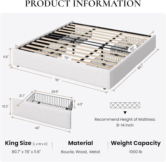 SHA CERLIN Boucle King Size Bed Frame with 4 Spacious Drawers, Platform Bed with Soft Teddy Fabric Upholstery, Sturdy Wooden Slats Support, No Box Spring Needed, Noise Free, Easy Assembly, White
