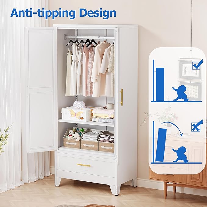 GAIOUS Steel Armoire Wardrobe Closet with Mirror Doors, 71" Household Wardrobe Cabinet with Hanging Rod and Drawer, Metal Clothing Storage Cabinet with Adjustable Shelf for Bedroom, Cloak, Gym(White)