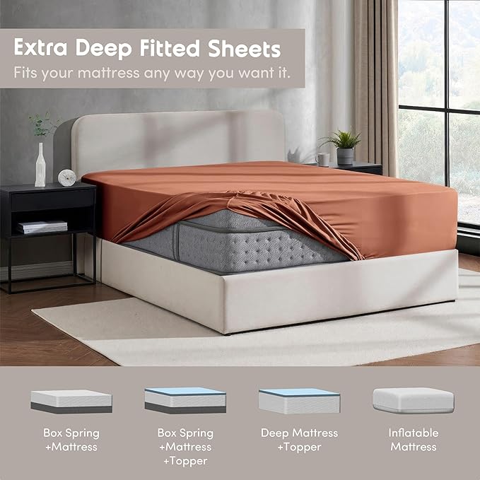 Nestl 2 Pack Rust Fitted Sheet Extra Deep Pocket, Hotel Luxury Twin XLFitted Sheet Only Easily Fits 18 to 24 Inch Mattress, Super Soft, Wrinkle-Free and Breathable with Corner Straps