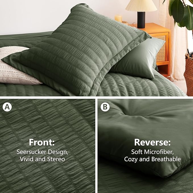 CozyLux Queen Comforter Set Dark Green Seersucker 7 Pieces Bed in a Bag Queen Comforter Set with Sheets, Luxury Bedding Set with Down Alternative Comforter, Sheets, Pillowcases & Shams All Seasons