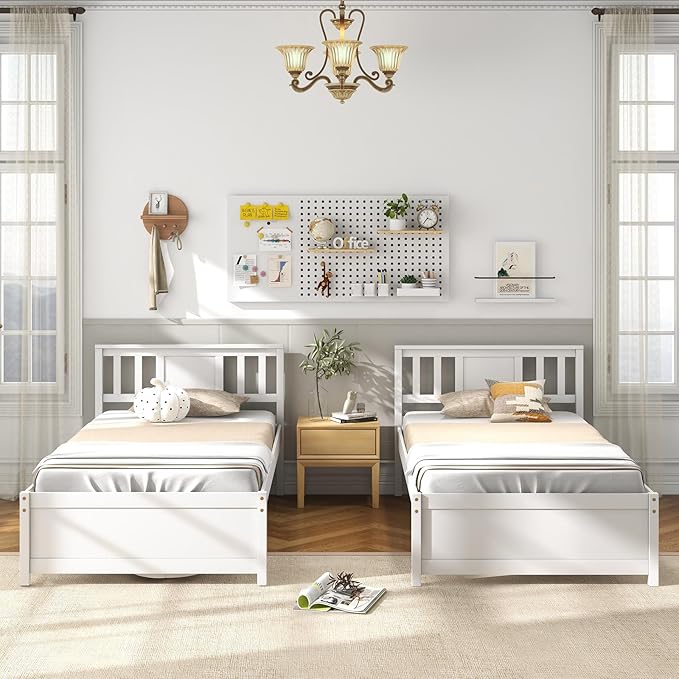 Giantex Wood Twin Bed Frames with Headboard, Mid Century Solid Wood Platform Bed with Wood Slat Support, Single Panel Bed, No Box Spring Needed, Twin Bed Frames for Kids, White