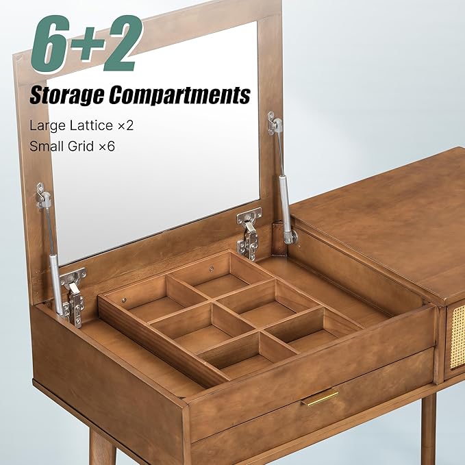 43.3" Makeup Vanity Desk with Flip Top Mirror and Stool, 2-in-1 Rattan Dressing Table Set with 3 Storage Compartments & Dividers, Mid-Century Modern Solid Wood Vanity for Bedroom, Brown