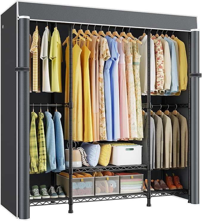 ULIFHOME E3C Black Clothes Rack with Gray Cover, Heavy Duty Freestanding Garment Rack, Metal Closet System Storage Organizer for Clothing, Holds up to 850 lbs, 59.5" W x 16.5" D x 77.4" H