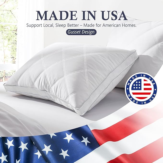 puredown® Made in USA Goose Feather Down Gusseted Pillows,100% Cotton Cover, Pillows Queen Size Set of 2, Hotel Pillow Luxury Gusseted Bed Pillows for Sleeping