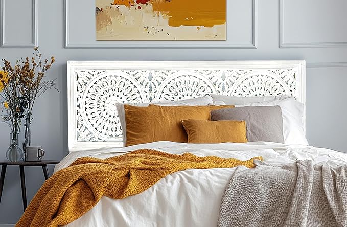 COTTON CRAFT Solid Wood Sturdy Queen Headboard - Compatible with All Bed Frames - Intricate Hand Carved Medallion Motif - Bohemian Transitional - Beautiful for Any Bedroom - Rustic Whitewash