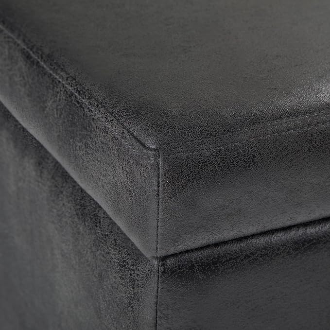 SIMPLIHOME Avalon Storage Ottoman Bench - 48" Wide x 16" High Upholstered Vegan Leather Rectangular Lift-Top Ottoman in Distressed Black, Contemporary Bench for Living Room with High-Density Foam