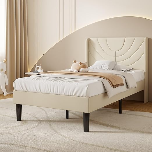 VECELO Twin Size Bed Frame Upholstered Platform with Wave Fabric Headboard/Wooden Slats Support/No Box Spring Needed/Mattress Foundation,Beige