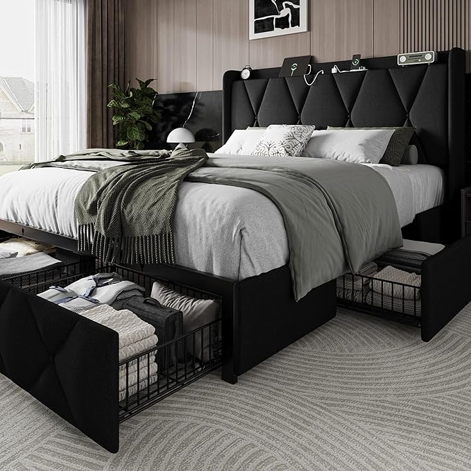 Einhomn Queen Bed Frame with 4 Storage Drawers and Charging Station, Upholstered Platform Bed Frame with Storage Headboard, No Box Spring Needed, Easy Assembly, Black