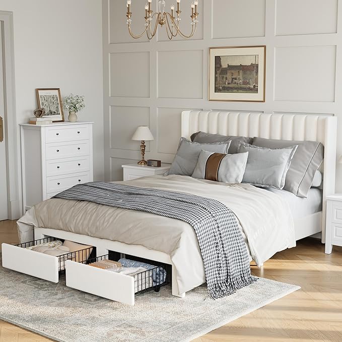 Garvee Queen Size Bed Frame, Velvet Upholstered Bed Frame with Wingback Headboard, 2 Storage Drawers, No Box Spring Needed, White