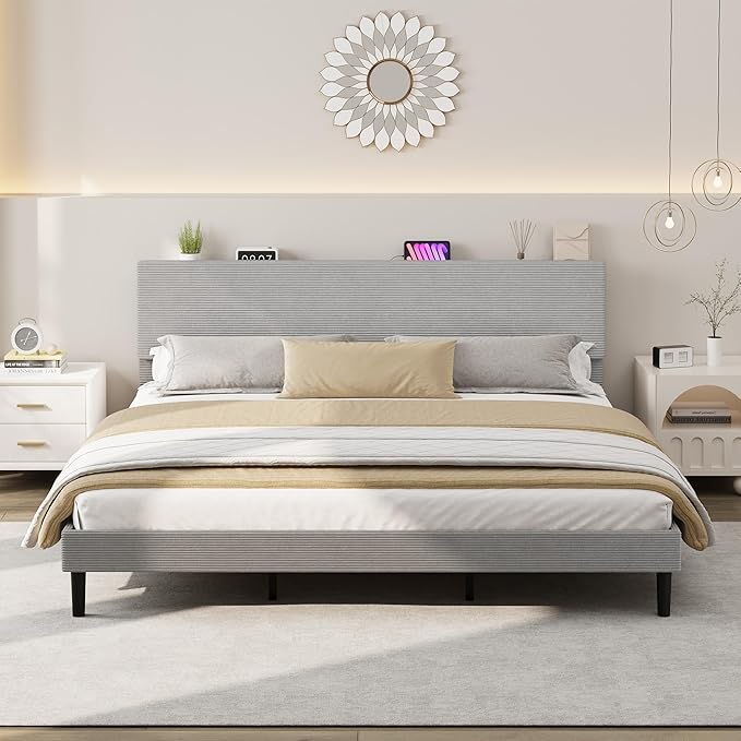 IDEALHOUSE King Size Bed Frame, Platform Bed with Adjustable Corduroy Upholstered Storage Headboard and Charging Station, Sturdy Metal Support, Noise Free, Easy Assembly, Gray
