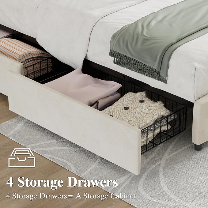 VECELO Full Size Bed Frame with 4 Storage Drawers, Adjustable Height Headboard, Heavy-Duty Platform Bedframe with Strong Wooden Slats, No Box Spring Needed, Pale Beige