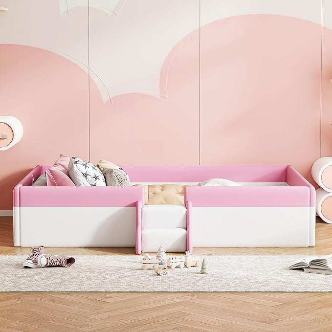 Merax Twin Size Kids Floor Bed, Upholstered Kids Daybed Frame with Fence and Stairs, Wood Bed for Living Room, White+Pink