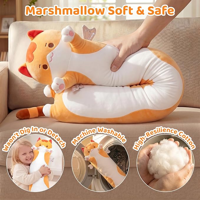 Mewaii Long Cat Plush Body Pillow, 28” Cute Brown Stuffed Animals Soft Plushies, Kitten Doll Toy Gift for Girlfriend