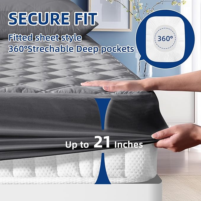 MEELUS Queen Mattress Protector, Breathable Waterproof Mattress Pad Cover Fitted Deep Pocket 8"-21", Soft Noiseless Mattress Cover Washable Cooling Padded for Home Hotel Bedroom, Gray