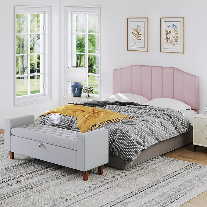 Furpopup Velvet Queen Size Headboard, Upholstered Headboard Queen/Full Size Wall Mount and Bed Frame Mount, Featuring High-Density Sponge Padding Luxury Texture Easy Assembly Comfort Style-Pink